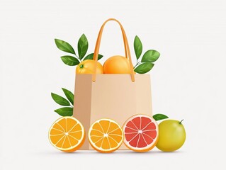 Closeup of citrus fruits in a paper bag, vibrant colors, flat design illustration