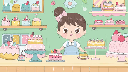 coloring page simple drawing of cartoon character in the cake shop, coloring book 