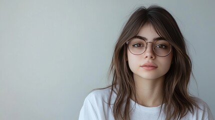 Fototapeta premium Close-up portrait of a young woman with long brown hair wearing round eyeglasses and a white t-shirt against a light grey background.