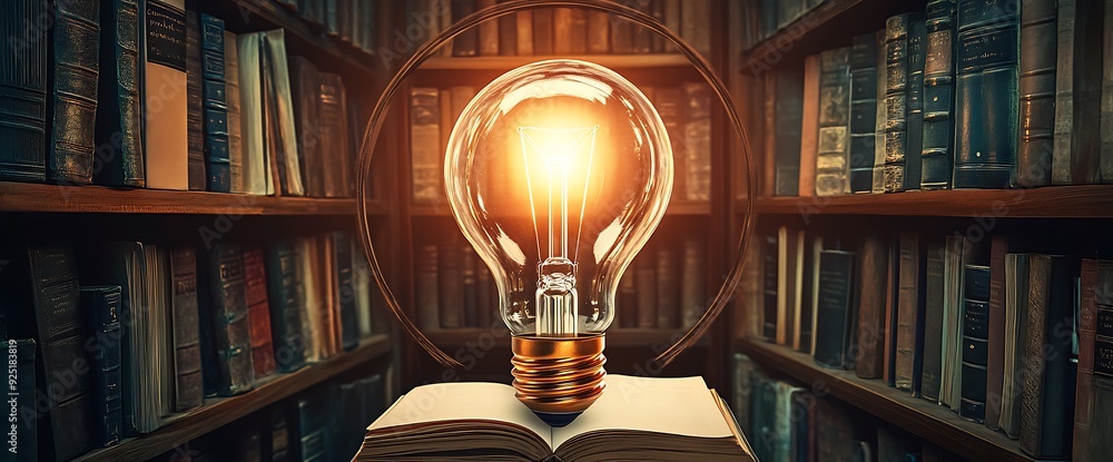 Poster a glowing lightbulb sits on an open book in front of a bookshelf filled with antique books, represen