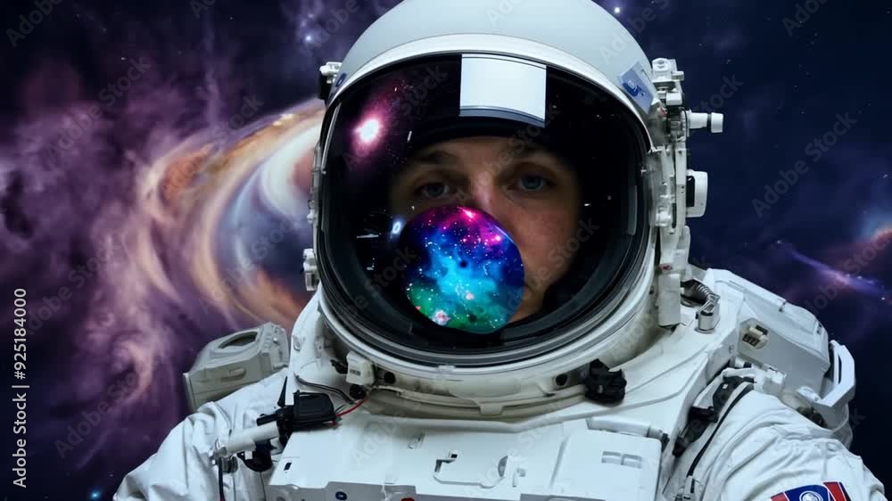 Poster astronaut in space suit reflects galaxy and nebula in helmet generative ai