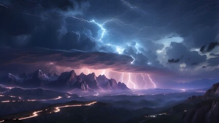 Enthralling energy: The surrounding terrain is bathed in an enticing glow as dazzling lightning electrifies the night sky. AI Generative