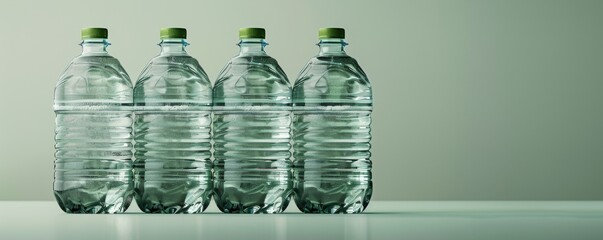 A stack of plastic water bottles with green caps containing clear water and small leaves