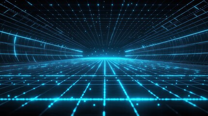 Abstract Digital Tunnel with Blue Light Grid
