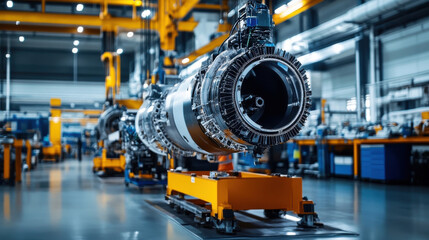 Fototapeta premium Engine assembly area with skilled workers ensuring precision and quality