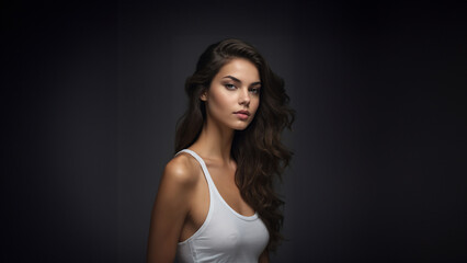 Fototapeta premium Captivating portrait of a young American woman radiating natural beauty. Soft brunette hair complements her flawless complexion and captivating gaze. Perfect for beauty and fashion campaigns