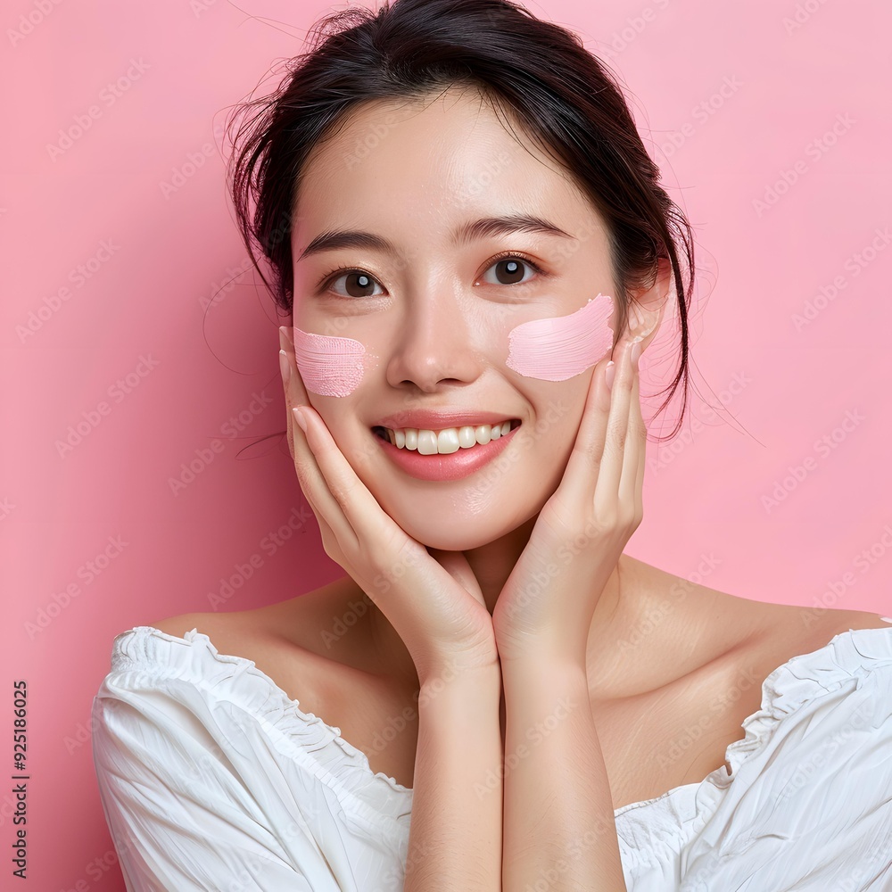 Poster Happy Asian Woman with Pink Face Mask Smiling and Looking at Camera