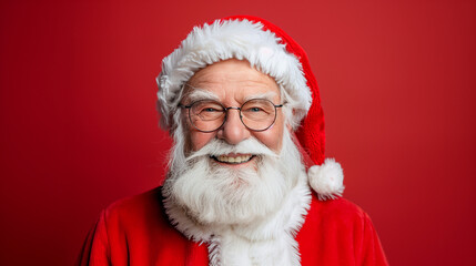 Naklejka premium Santa Claus Laughs And Waves To Camera, Santa Claus in eyeglasses is looking at camera and smiling, Santa Claus with checklist, portrait, close-up, Emotional Santa Claus, Pictures of Vintage Real 