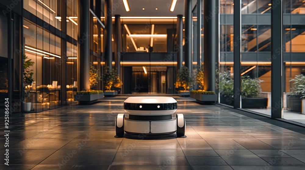 Aufkleber a sleek autonomous robot navigates a modern office building with advanced lighting and glass archite