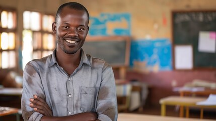 A smiling teacher stands confidently with crossed arms in a classroom with maps and chalkboards visible in the background.