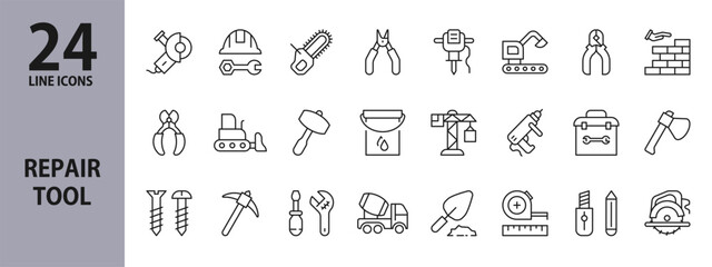 Repair Tool line icons set with Grinder, Tool, Helmet, Axe, Construction, Screwdriver, Spanner, Saw and more. Editable Stroke