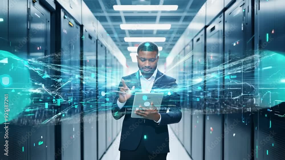 Poster cto with tablet in data center for server activation generative ai