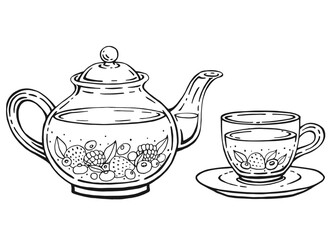 Hand drawn teapot, cup, berries. Vector illustration in outline style.