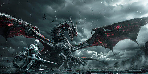 The dragon is a fearsome creature with its sharp teeth and claws It is breathing fire on the group of warriors who are trying to defeat it, GENERATIVE AI
