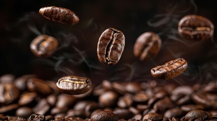 Fototapeta premium Roasted coffee beans floating on a dark background for advertising cafes and retailers, Generative AI.