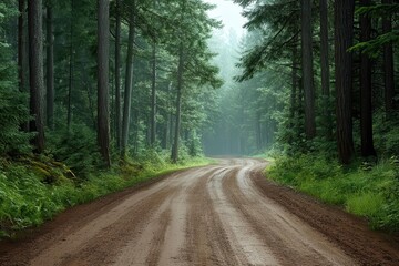 Naklejka premium Dirt road winding through pine forest, rugged and wild
