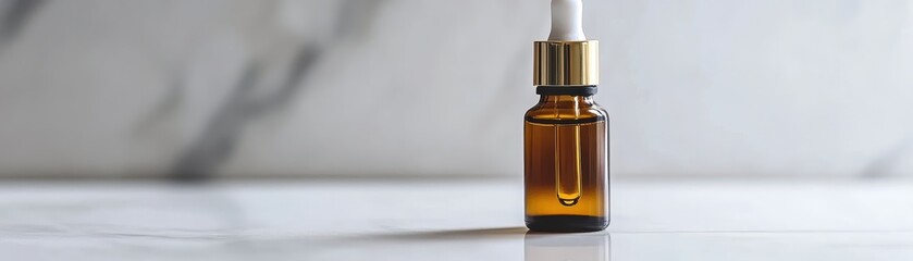 Fototapeta premium A brown glass dropper bottle on a white marble surface, ideal for cosmetics, essential oils, or medical solutions with a clean, minimalist background.