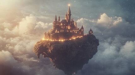 A magical castle floats above the clouds against a dreamy sky at sunset, creating a captivating fantasy scene.