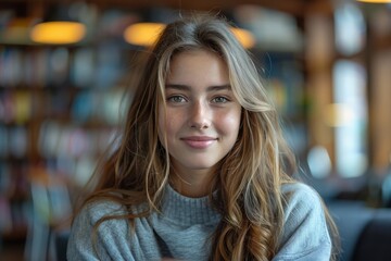 A young woman with a pleasant smile sits in a library, with bookshelves blurred in the background, capturing a sense of calm and focus amidst a scholarly environment.