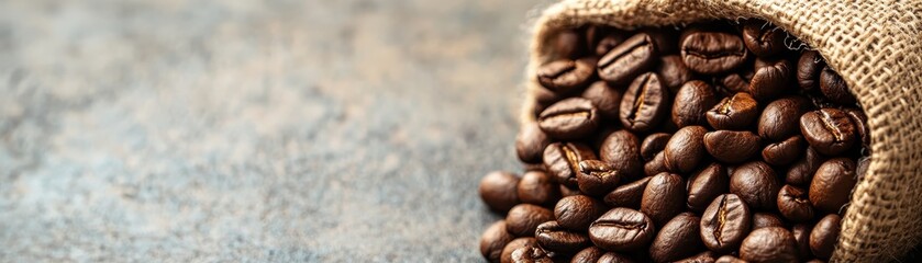 Fototapeta premium A rustic burlap sack spilling roasted coffee beans on a textured gray background, perfect for illustrating concepts of coffee culture and brewing.