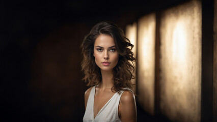 Fototapeta premium Radiant young brunette model with flawless skin and natural beauty. Confident gaze, perfect for beauty and skincare campaigns. Studio shot with copy space.