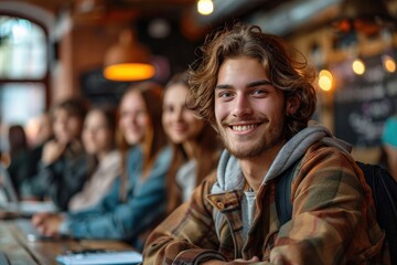 Obraz premium A young man with a joyful expression sits in a cafe, leaning forward as he chats with friends in the background, creating an atmosphere of camaraderie and leisure.