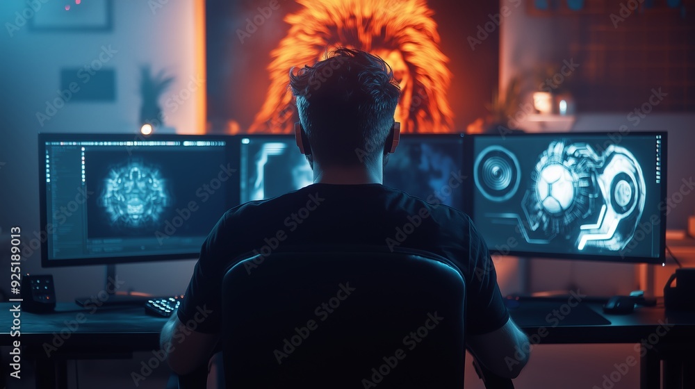 Poster person sitting at a computer desk with multiple monitors displaying digital art and illuminated by c