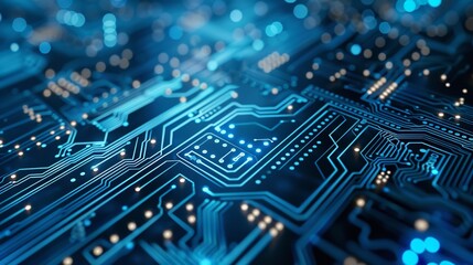 The processor, conductive lines, or blueish electrical circuit board backdrop, Generative AI.