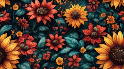 Vibrant floral pattern with sunflowers and leaves on a dark background.