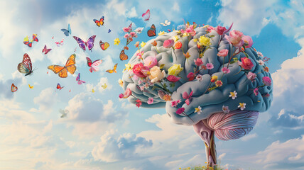 Human mind with butterflies, self care and mental health concept, positive thinking, creative brain