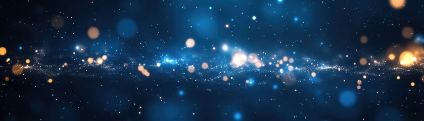 Obraz premium Abstract blue and gold bokeh background with glittering particles, perfect for festive and celebration themes, adding a touch of magic and wonder.