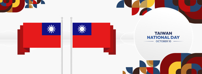 Taiwan National Day banner in modern geometric style. Wide banner greeting card with country flag. Double Tenth Day October 10th as Taiwan national holiday. Happy National Day of the Republic of China