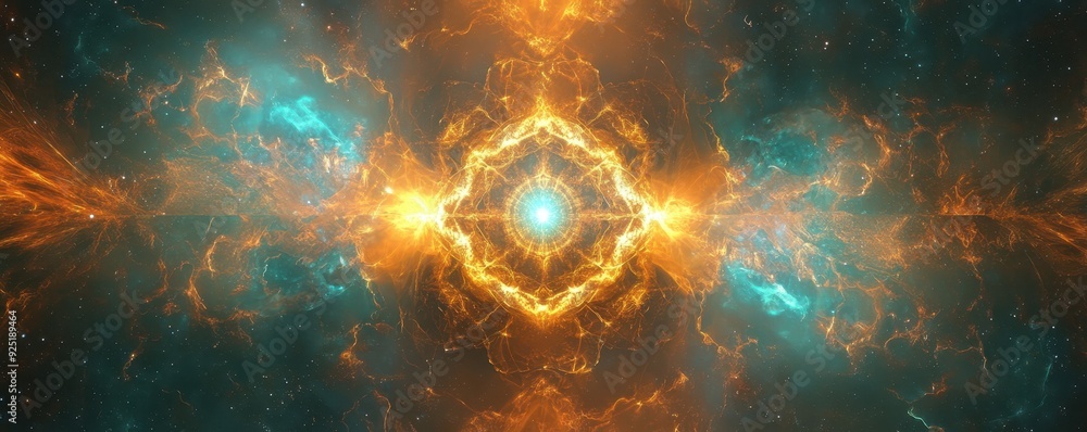 Poster abstract digital art illustration with glowing geometric patterns and vivid colors, creating a mesme