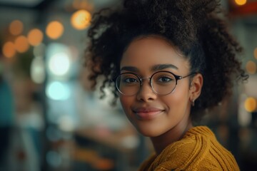 Obraz premium Young black woman with glasses smiling in a restaurant