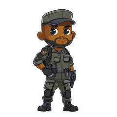 Fototapeta premium cartoon illustration black Afro American army soldier uniform gun 