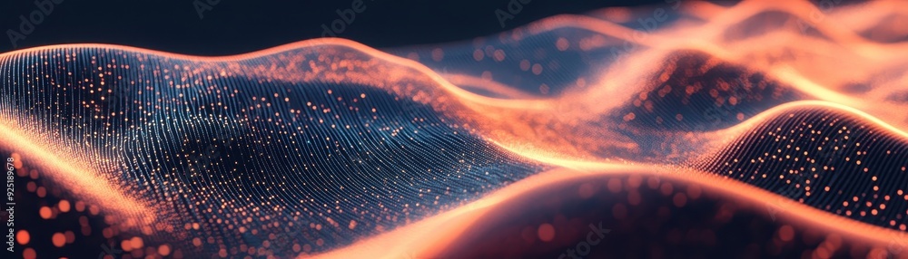 Poster abstract digital landscape with glowing particles, representing data flow and technology in a futuri
