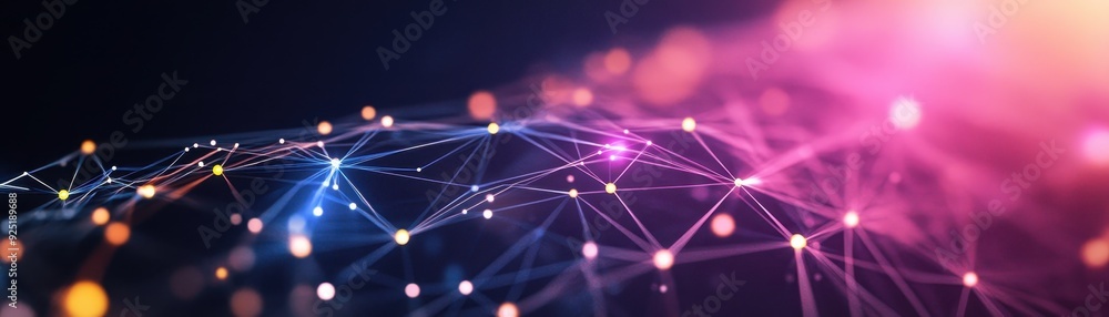 Poster abstract digital network background with glowing connections and nodes representing technology, data