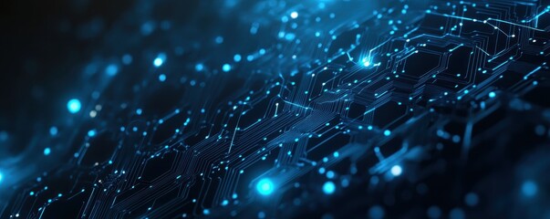 Obraz premium Abstract digital circuit board blue lights technology background, showcasing connected data nodes and lines for AI, big data, and networking