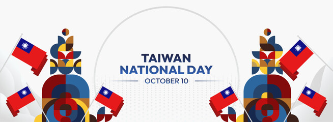 Taiwan National Day banner in modern geometric style. Wide banner greeting card with country flag. Double Tenth Day October 10th as Taiwan national holiday. Happy National Day of the Republic of China