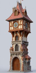 Medieval Clock Tower with Red Tile Roof