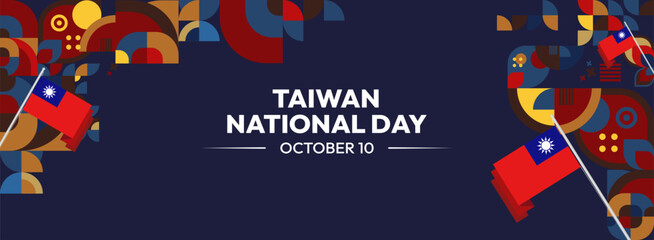 Taiwan National Day banner in modern geometric style. Wide banner greeting card with country flag. Double Tenth Day October 10th as Taiwan national holiday. Happy National Day of the Republic of China
