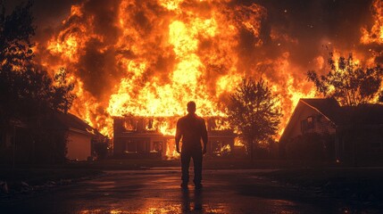 A lone person watches as flames consume a house, casting an eerie glow against the dark backdrop of night