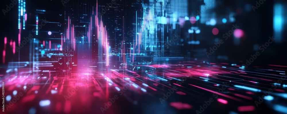 Aufkleber abstract futuristic digital landscape with neon lights and vibrant colors representing technology, d