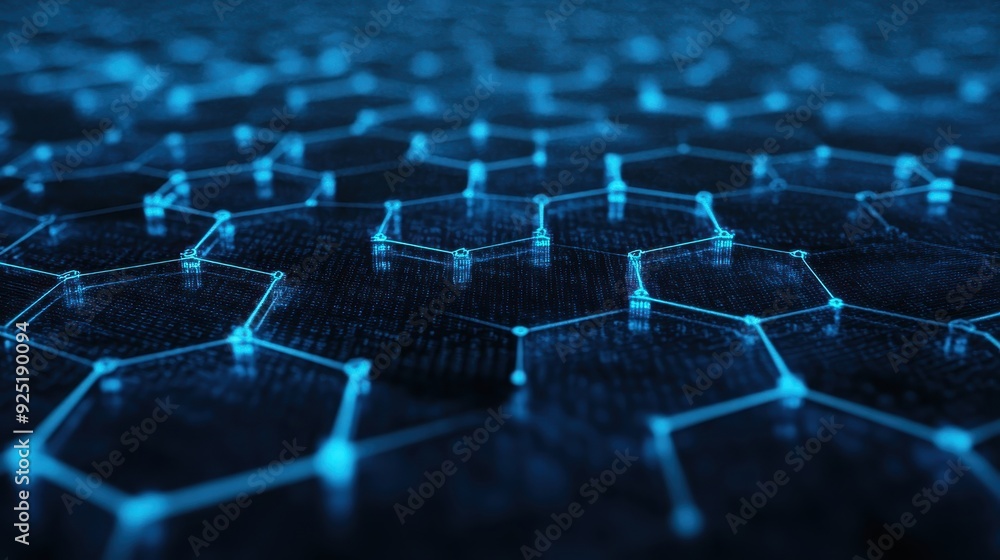 Poster abstract futuristic hexagonal grid with blue glowing dots, representing advanced technology, network