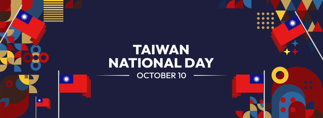 Taiwan National Day banner in modern geometric style. Wide banner greeting card with country flag. Double Tenth Day October 10th as Taiwan national holiday. Happy National Day of the Republic of China