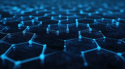 Fototapeta premium Abstract futuristic hexagonal grid with blue glowing dots, representing advanced technology, networks, and digital data connections.