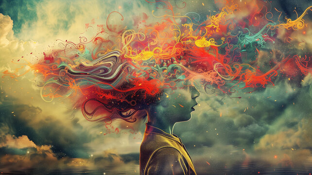 Mind overwhelmed with information data, social media addiction, brain with books, creative mind, exploding ideas and imagination, education and personal development 