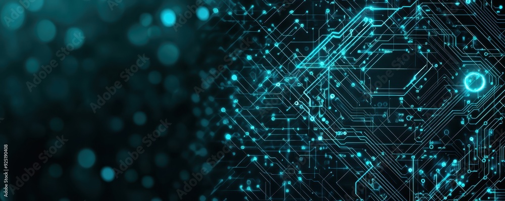 Poster abstract technology background with circuit board patterns in blue tones, representing digital data 