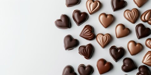 Fototapeta premium White background copy space with sweets shaped like hearts, Generative AI.