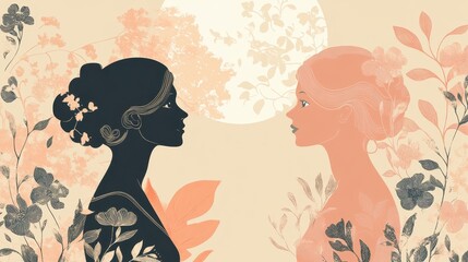 Artistic illustration of two women facing each other with floral background and moon, depicting contrast and harmony.